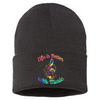 Life Is Better With Music Notes Symbol Tie Dye Musician Sustainable Knit Beanie