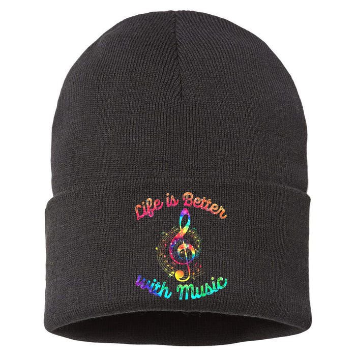 Life Is Better With Music Notes Symbol Tie Dye Musician Sustainable Knit Beanie