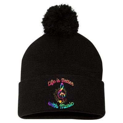 Life Is Better With Music Notes Symbol Tie Dye Musician Pom Pom 12in Knit Beanie