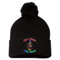 Life Is Better With Music Notes Symbol Tie Dye Musician Pom Pom 12in Knit Beanie