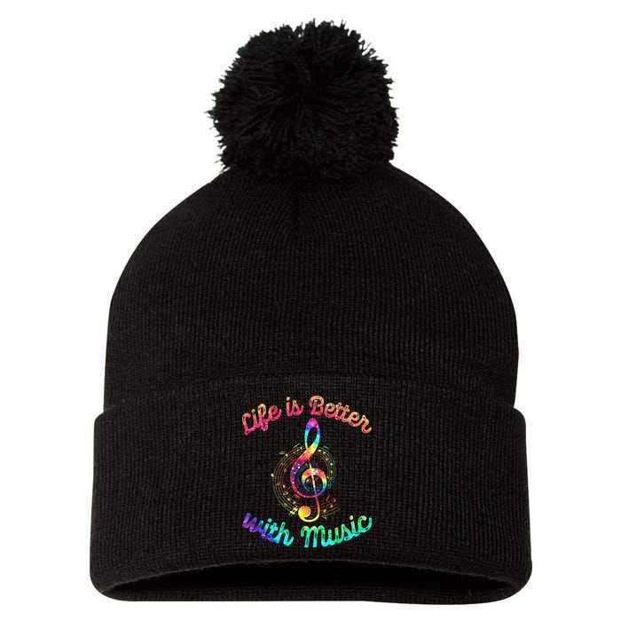 Life Is Better With Music Notes Symbol Tie Dye Musician Pom Pom 12in Knit Beanie