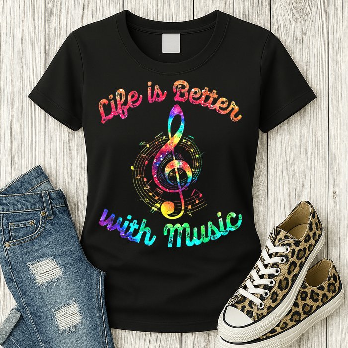 Life Is Better With Music Notes Symbol Tie Dye Musician Womens T-Shirt