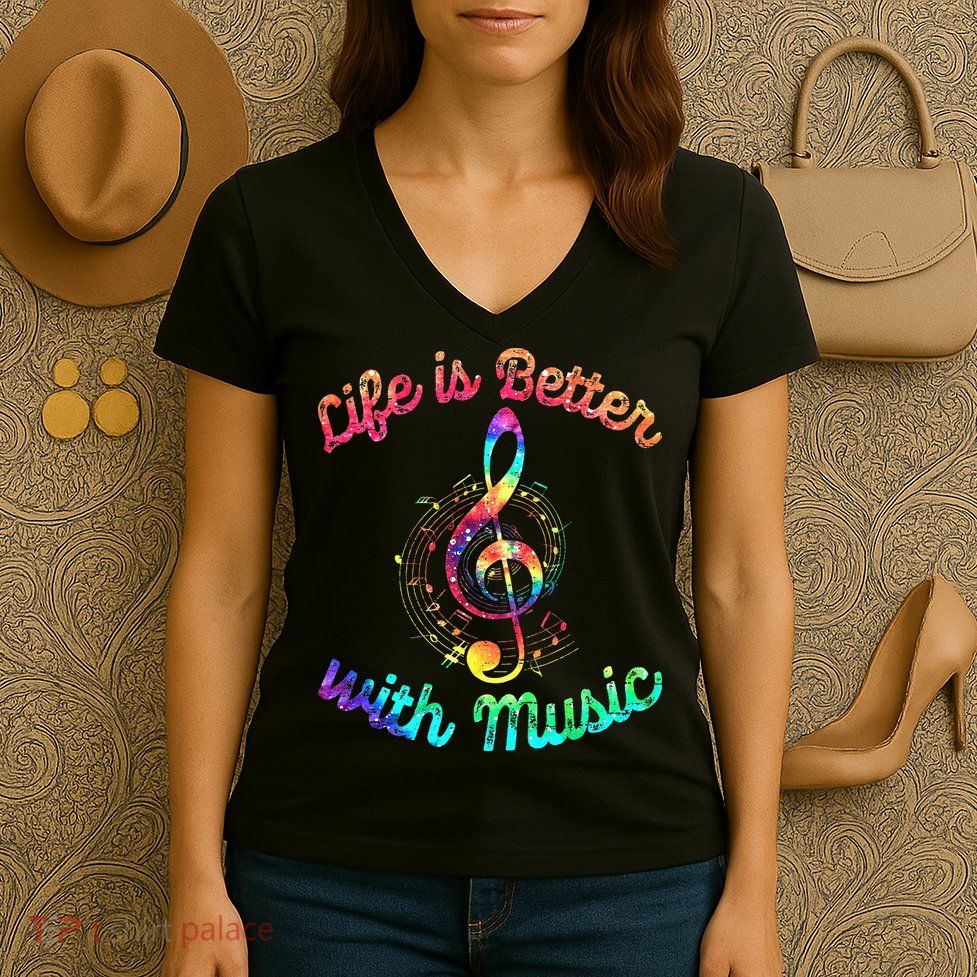 Life Is Better With Music Notes Symbol Tie Dye Musician Women's V-Neck T-Shirt