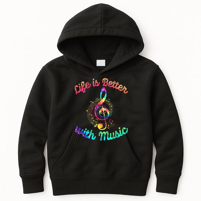 Life Is Better With Music Notes Symbol Tie Dye Musician Kids Hoodie