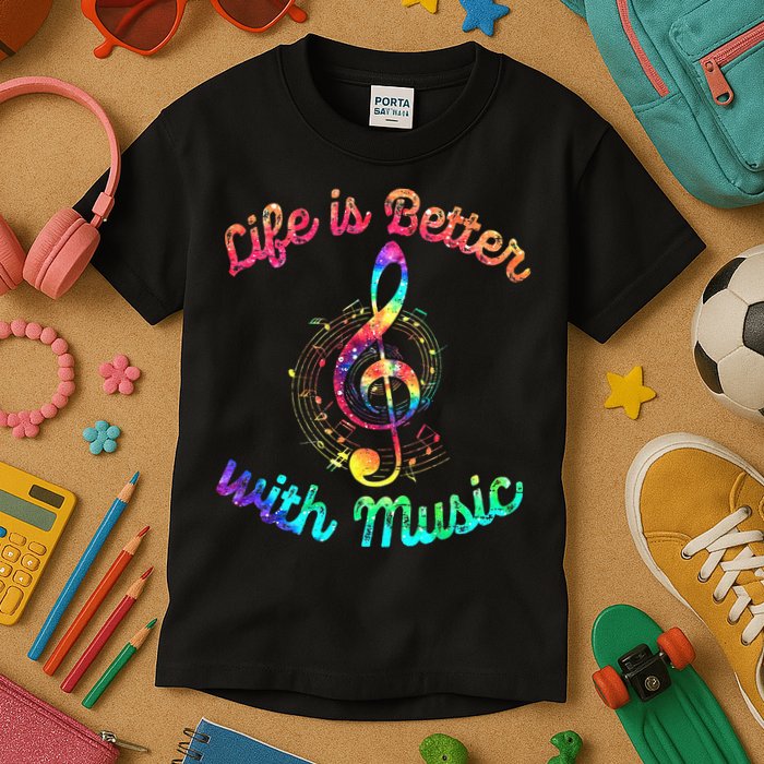 Life Is Better With Music Notes Symbol Tie Dye Musician Kids T-Shirt