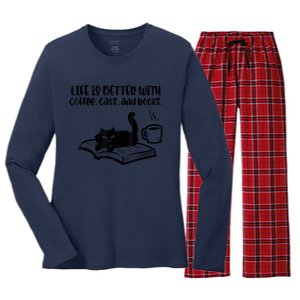 Life Is Better With Coffee Cats Books Fur Mom Bookworm Women's Long Sleeve Flannel Pajama Set 