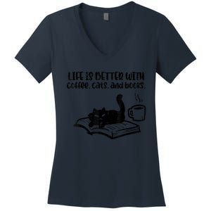 Life Is Better With Coffee Cats Books Fur Mom Bookworm Women's V-Neck T-Shirt