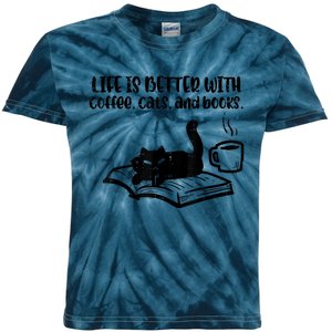 Life Is Better With Coffee Cats Books Fur Mom Bookworm Kids Tie-Dye T-Shirt