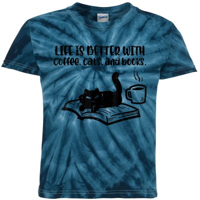 Life Is Better With Coffee Cats Books Fur Mom Bookworm Kids Tie-Dye T-Shirt