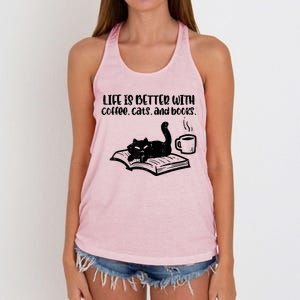 Life Is Better With Coffee Cats Books Fur Mom Bookworm Women's Knotted Racerback Tank