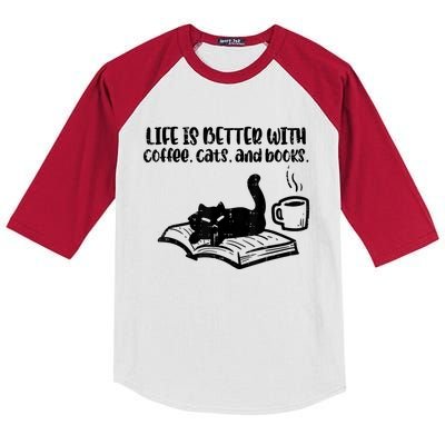 Life Is Better With Coffee Cats Books Fur Mom Bookworm Kids Colorblock Raglan Jersey