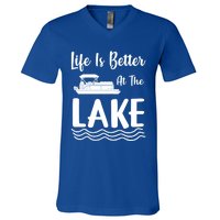 Life Is Better At The Lake Pontoon Boat Pontooning Boating Gift V-Neck T-Shirt