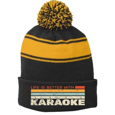 Life Is Better With Karaoke Vintage Microphone Music Singer Stripe Pom Pom Beanie