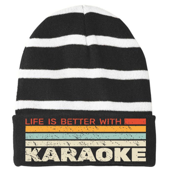 Life Is Better With Karaoke Vintage Microphone Music Singer Striped Beanie with Solid Band