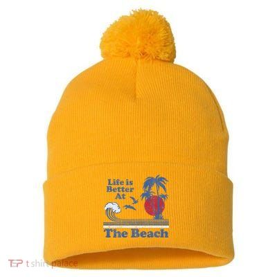 Life Is Better At The Beach Retro Vintage 80s 70s Vacation Pom Pom 12in Knit Beanie