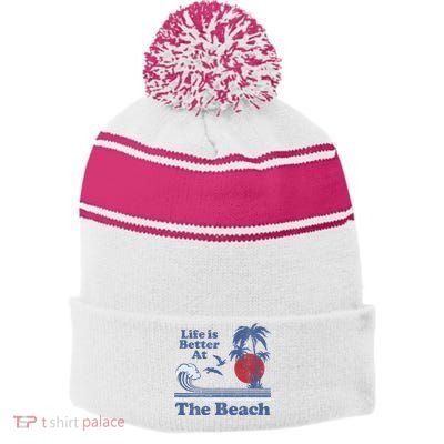 Life Is Better At The Beach Retro Vintage 80s 70s Vacation Stripe Pom Pom Beanie
