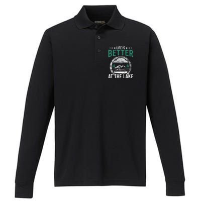 Life Is Better At The Lake Pontoon Boat Pontooning Gift Performance Long Sleeve Polo