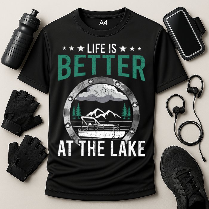 Life Is Better At The Lake Pontoon Boat Pontooning Gift Cooling Performance Crew T-Shirt
