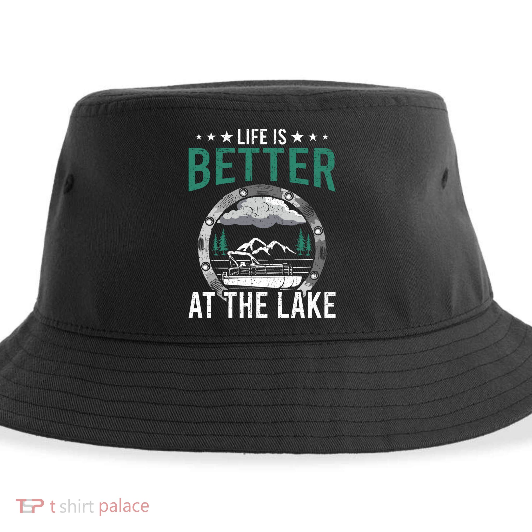 Life Is Better At The Lake Pontoon Boat Pontooning Gift Sustainable Bucket Hat