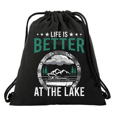 Life Is Better At The Lake Pontoon Boat Pontooning Gift Drawstring Bag