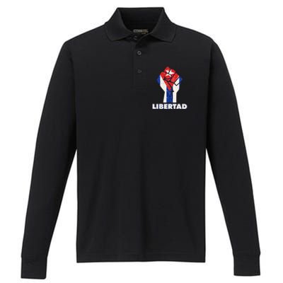 Libertad Cuba Cuban Flag Protest Fist Performance Long Sleeve Polo