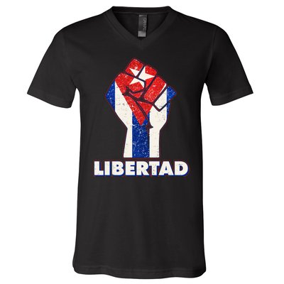 Libertad Cuba Cuban Flag Protest Fist V-Neck T-Shirt