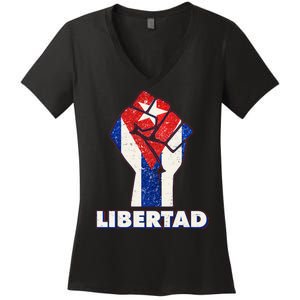 Libertad Cuba Cuban Flag Protest Fist Women's V-Neck T-Shirt