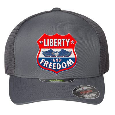 Liberty And Freedom US Eagle Road Sign Flexfit Unipanel Trucker Cap