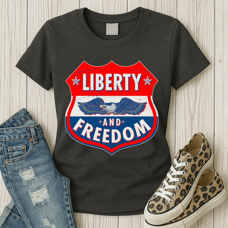 Liberty And Freedom US Eagle Road Sign Womens T-Shirt
