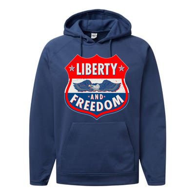 Liberty And Freedom US Eagle Road Sign Performance Fleece Hoodie