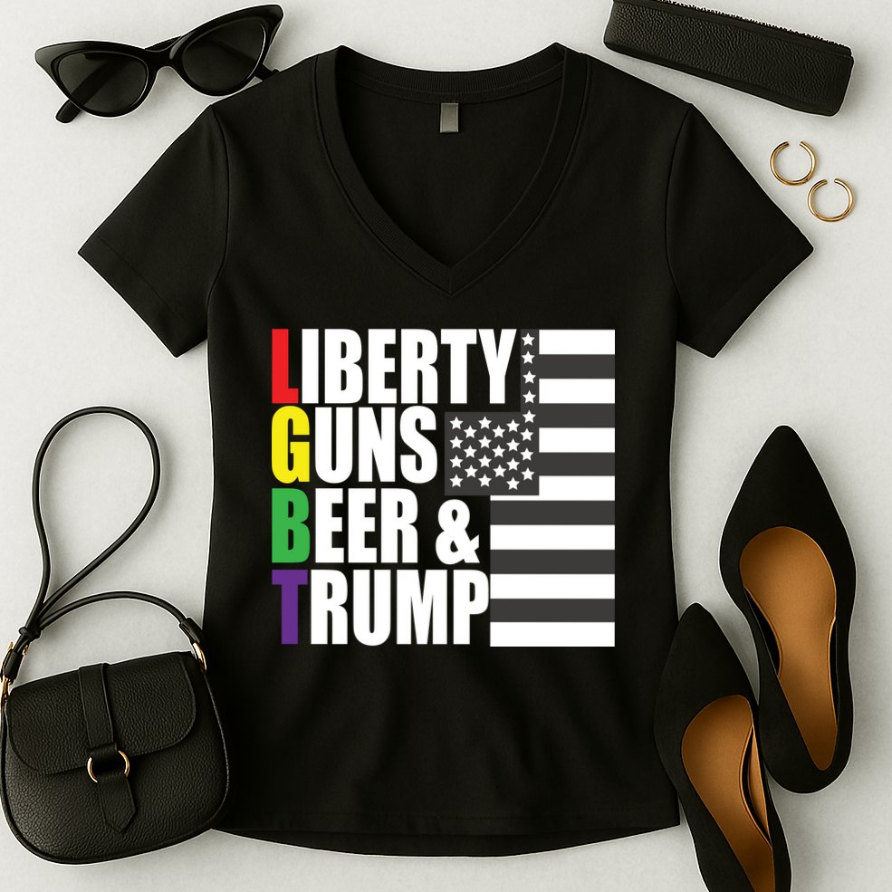 Liberty Guns Beer Trump LGBT Flag Women's V-Neck T-Shirt