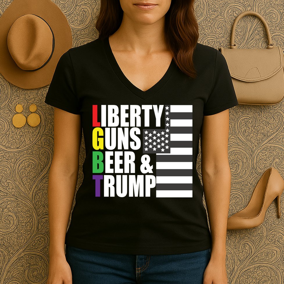 Liberty Guns Beer Trump LGBT Flag Women's V-Neck T-Shirt
