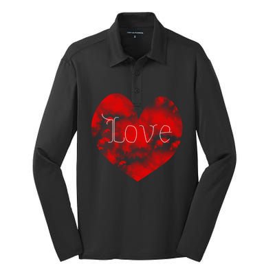 Love In Clouds Big Red Heart Distressed Valentines Day Great Gift Silk Touch Performance Long Sleeve Polo