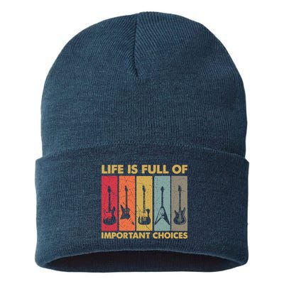 Life Is Full Of Important Choices Funny Guitar Vintage Retro Sustainable Knit Beanie