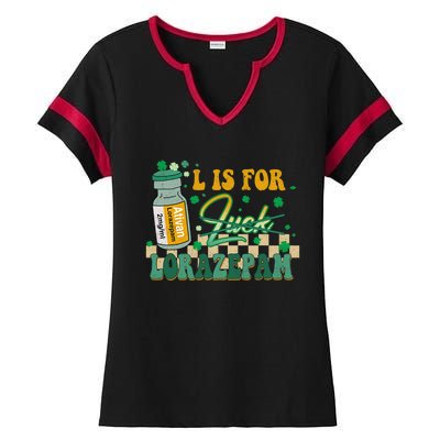 L Is For Lorazepam St Patrick's Day Nurse Pharmacist Crna Ladies Halftime Notch Neck Tee