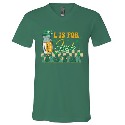 L Is For Lorazepam St Patrick's Day Nurse Pharmacist Crna V-Neck T-Shirt