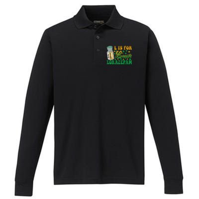 L Is For Lorazepam St Patrick's Day Nurse Pharmacist Crna Performance Long Sleeve Polo