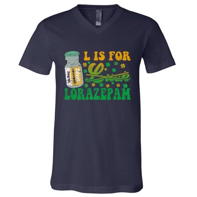 L Is For Lorazepam St Patrick's Day Nurse Pharmacist Crna V-Neck T-Shirt