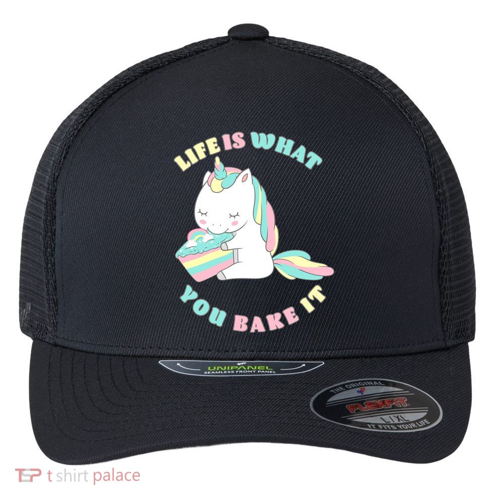 Life Is What You Bake It Unicorn Flexfit Unipanel Trucker Cap