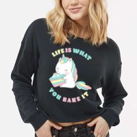 Life Is What You Bake It Unicorn Cropped Pullover Crew