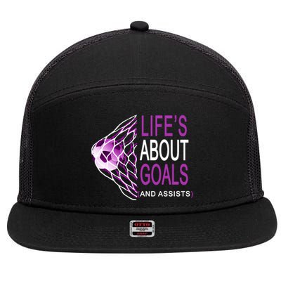 Life's About Goals And Assist Soccer Quote 7 Panel Mesh Trucker Snapback Hat