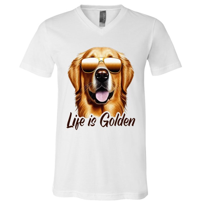 Life is Golden Funny Golden Retriever Cute Dog Good Pet Life V-Neck T-Shirt