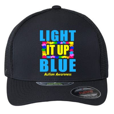 Light It Up Blue Autism Awareness Puzzle Pieces Flexfit Unipanel Trucker Cap