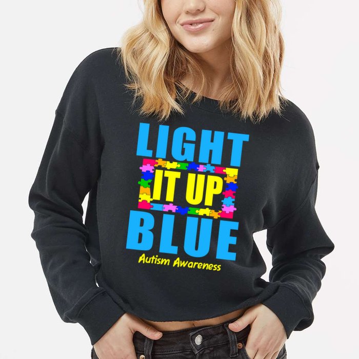Light It Up Blue Autism Awareness Puzzle Pieces Cropped Pullover Crew