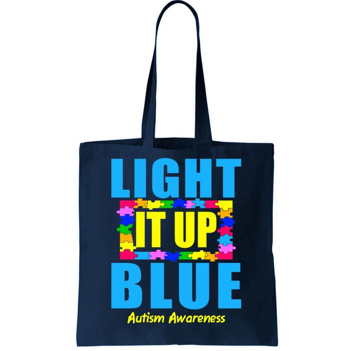 Light It Up Blue Autism Awareness Puzzle Pieces Tote Bag