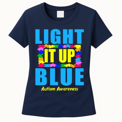 Light It Up Blue Autism Awareness Puzzle Pieces Womens T-Shirt