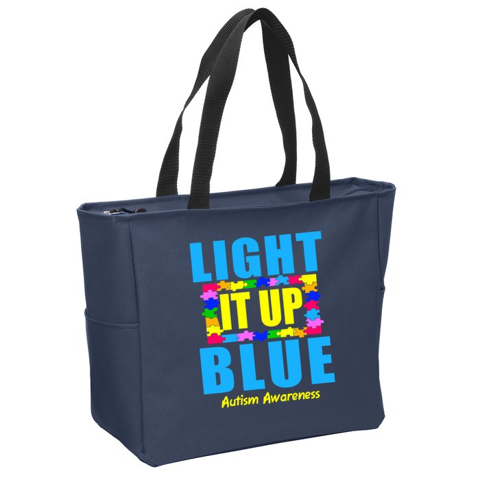 Light It Up Blue Autism Awareness Puzzle Pieces Zip Tote Bag