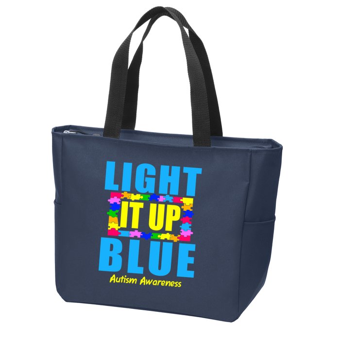 Light It Up Blue Autism Awareness Puzzle Pieces Zip Tote Bag