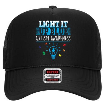 Light It Up Blue Autism Puzzle Bulb High Crown Mesh Back Trucker Hat