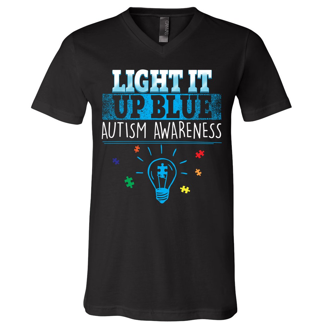 Light It Up Blue Autism Puzzle Bulb V-Neck T-Shirt